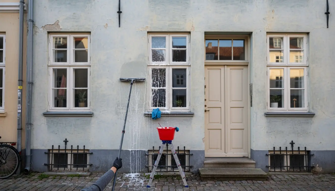 Rengøring af vinduer på en ældre københavnerfacade med arbejdshænder og rengøringsudstyr.