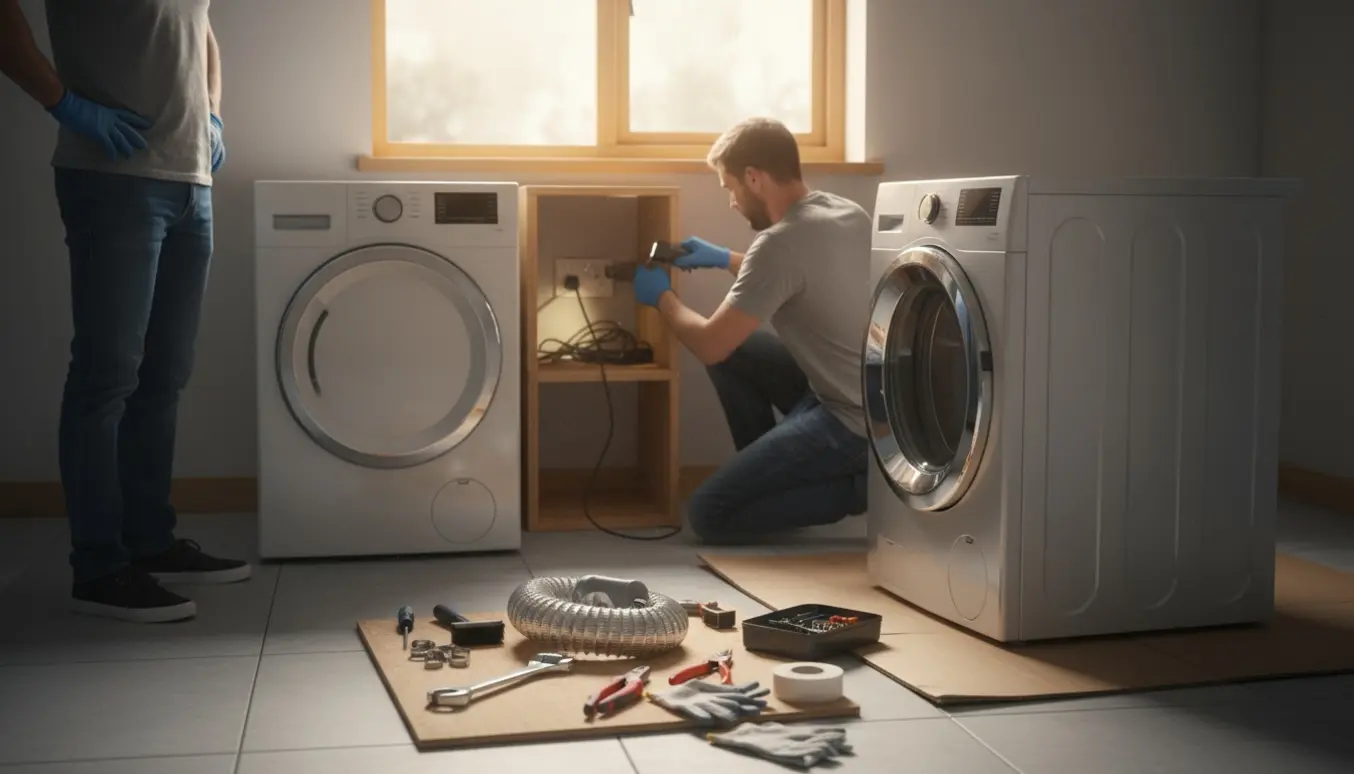 Installatører fjerner en gammel tørretumbler og forbereder installation af en ny i et lyst vaskerum.