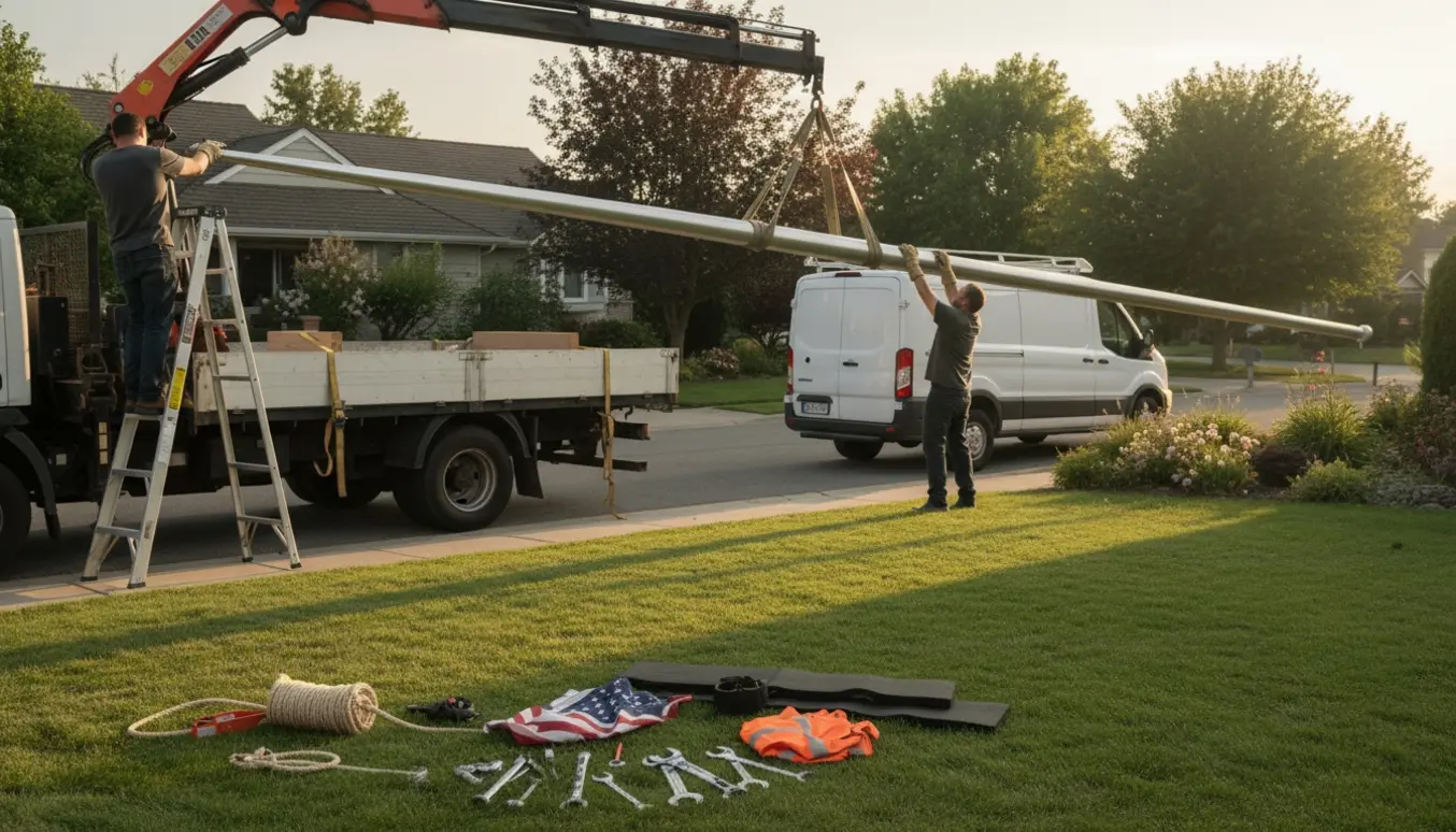 Lang flagstang sænkes og lægges forsigtigt på en lastbil ved en villavej, klar til transport og placering i en have.