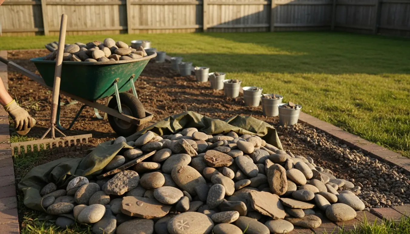Et havebed fyldt med bunker af natursten, mens redskaber som trillebør og skovl står klar.