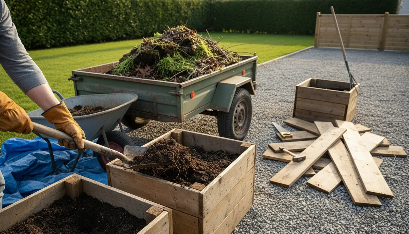 Trailer fyldes med en stor bunke haveaffald ved et delvist demonteret lille højbed og to træplantekasser.