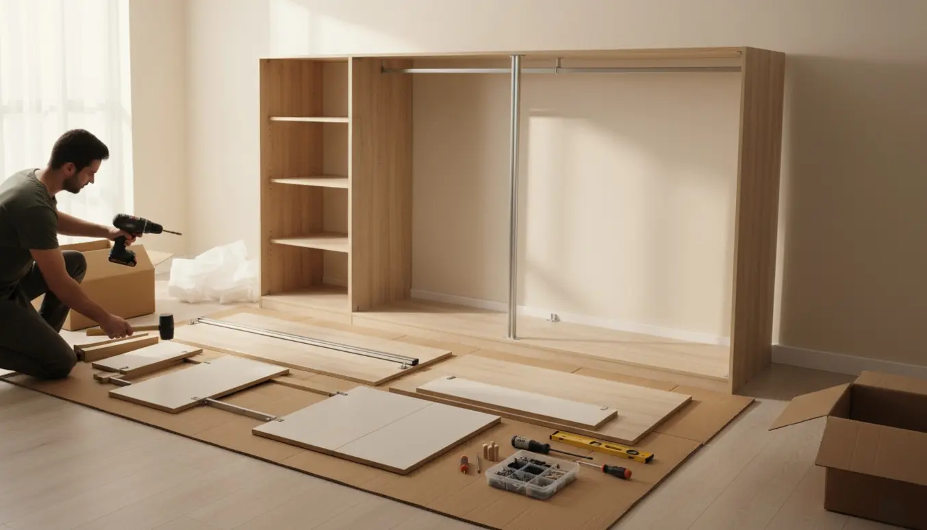 Delvist samlet PAX-garderobeskab i et lyst rum, hænder monterer hylder og skuffer med værktøj ved siden af.