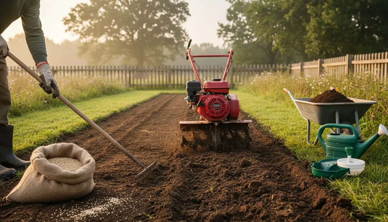 Fræser vender jord i en tidligere blomstereng, klar til såning af nyt græs.