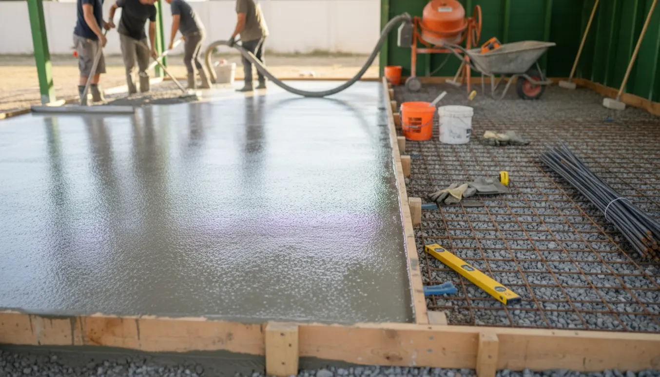 Carport omdannet til garage med delvist udstøbt betongulv, rionet og armeringsjern klar til støbning.