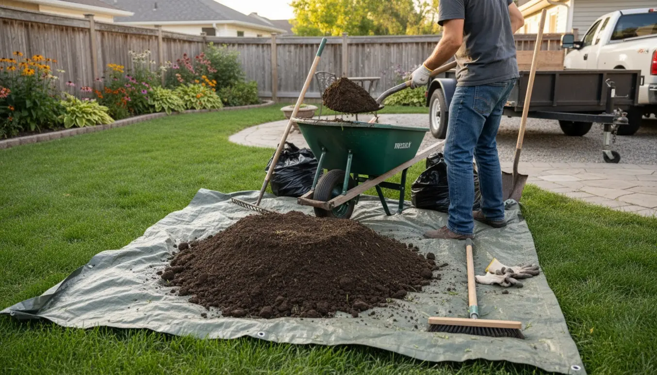Trillebør fyldes med jord fra en lille jordhøj i en villahave ved siden af en presenning og en trailer klar til bortkørsel.