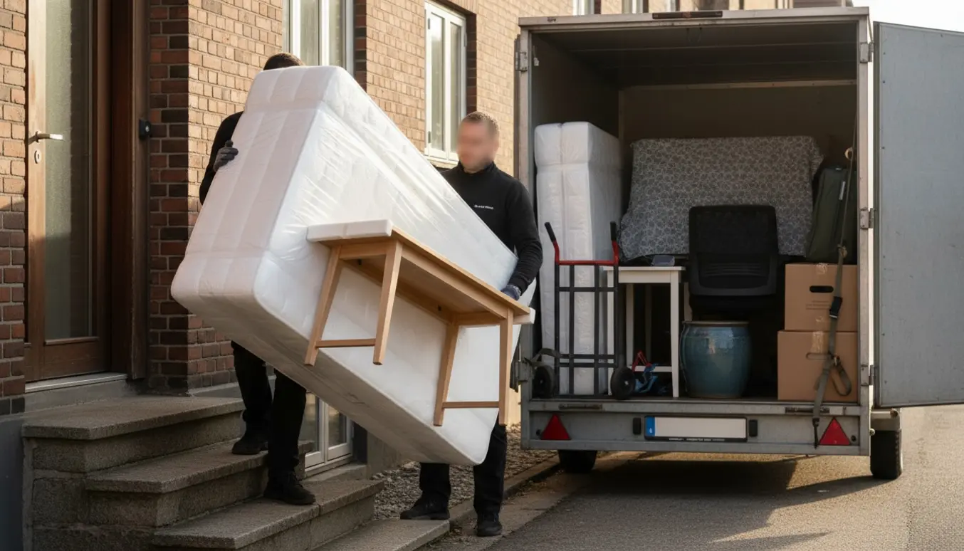 Indpakkede madrasser og møbler bæres op ad trappe ved en åben trailer under flytning.