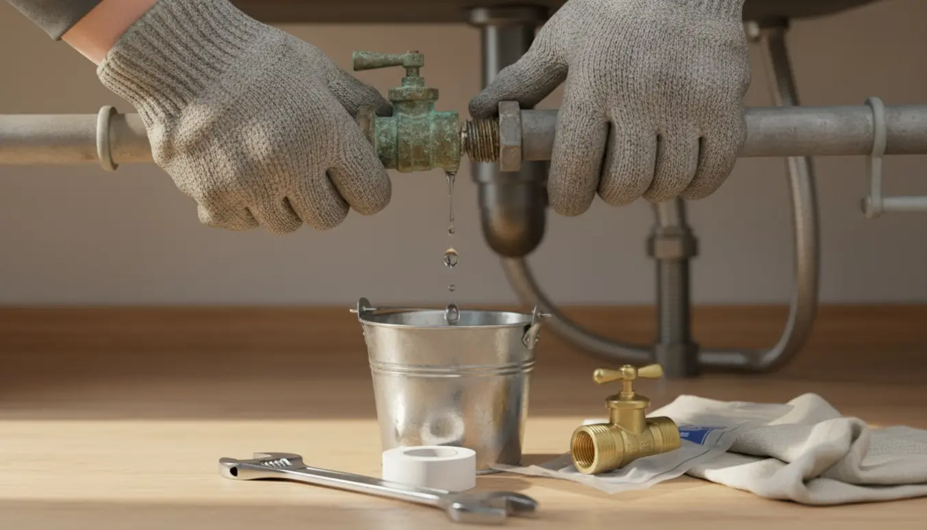 Nærbillede af hænder, der udskifter en dryppende stophane under en vask med skruenøgle og opsamlingsspand.