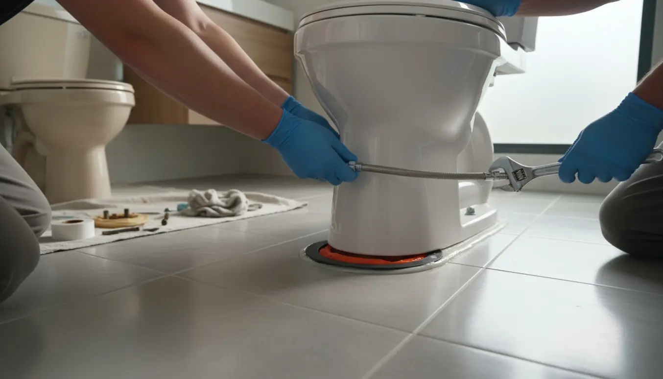 Nyt fritstående toilet sættes på plads og fuges mod flisegulvet af håndværkerens hænder.