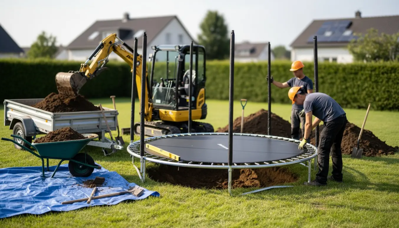 Trampolinramme sænkes ned i et nedgravet hul i en baghave mens jord læsses af i trailer.