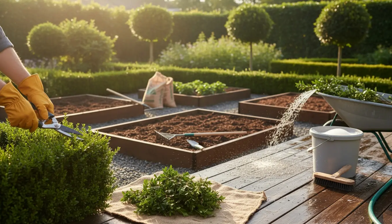 Beskæring af buske og rengøring af træterrasse i en velplejet have.