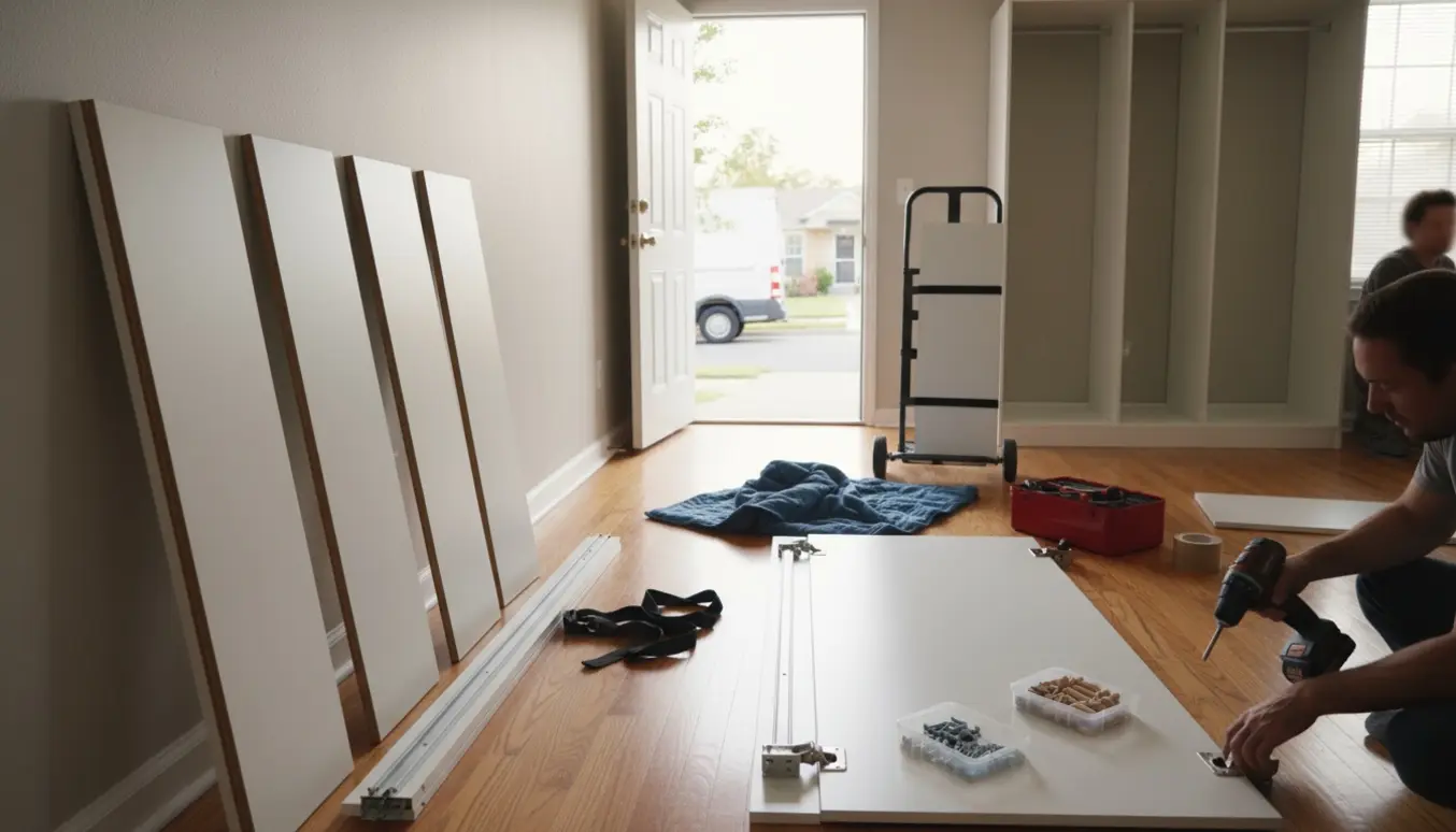 Delvist adskilt IKEA PAX-skab med fem hvide låger, værktøj og flytteudstyr i en lys entré klar til flytning.