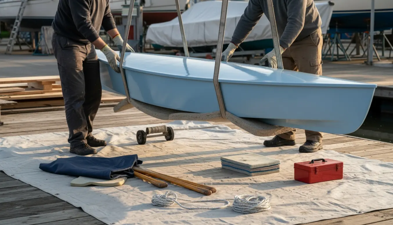 To personer løfter forsigtigt nymalede, smalle jolle-skrog på en bådplads med polstrede tæpper og udstyr ved siden af.