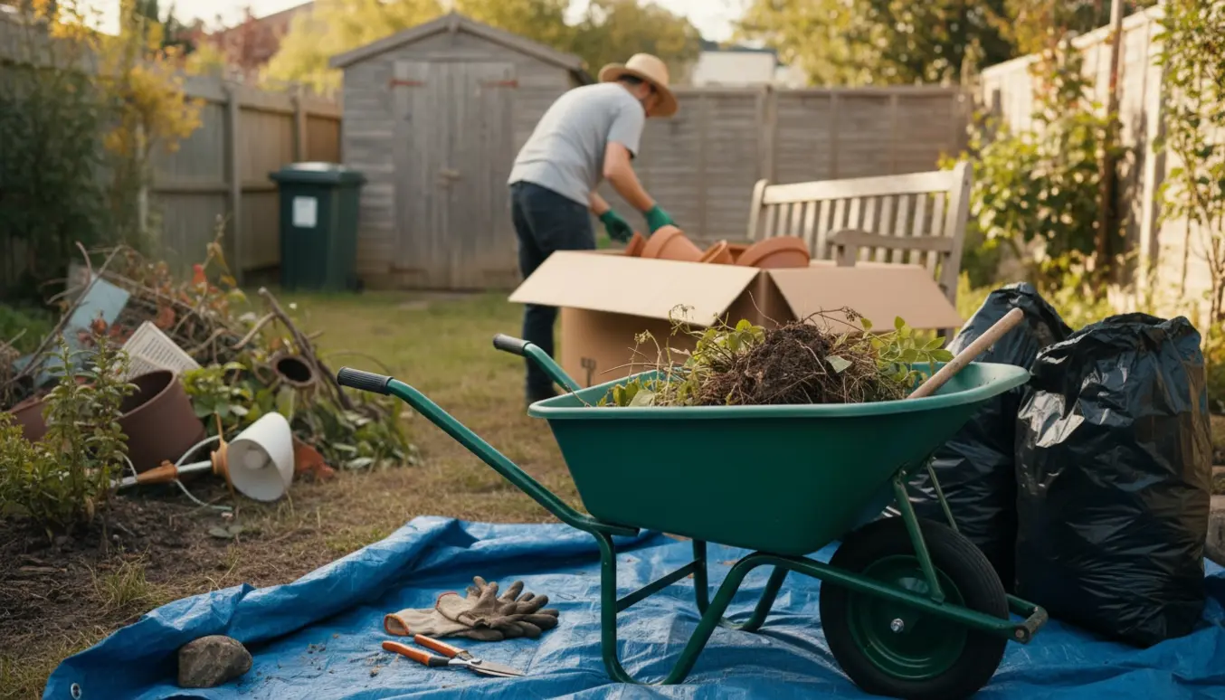 Hænder læsser planter og haveaffald i en trillebør i en solbeskinnet have under oprydning.