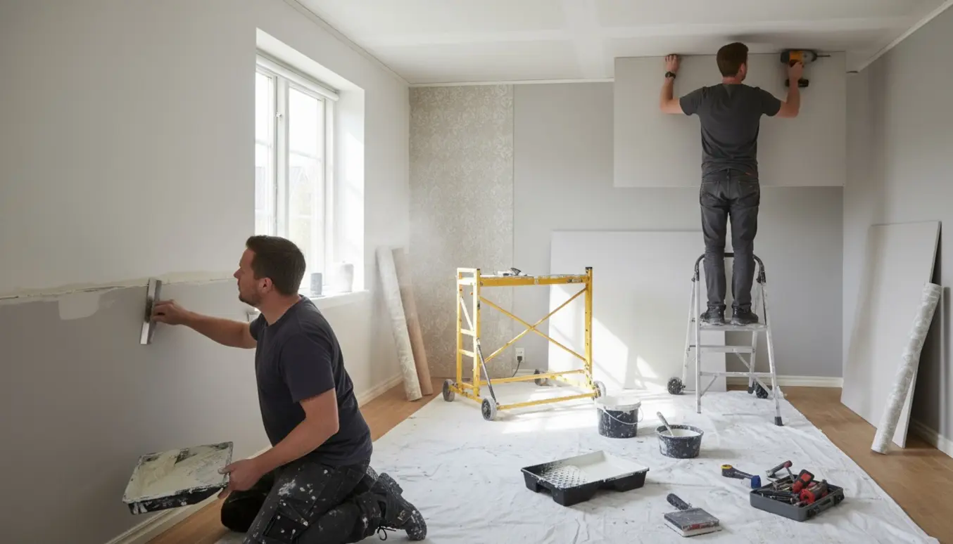 To håndværkere monterer gipsplader, spartler og forbereder vægge til tapetsering og maling i en lille rækkehusstue.