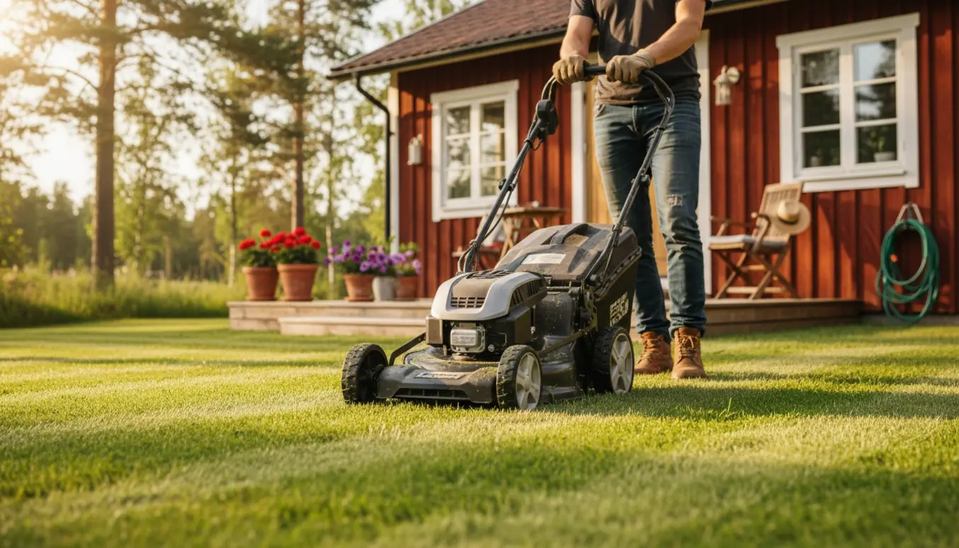 Plæneklipper i gang foran et sommerhus med friskklippet græs i solskin.
