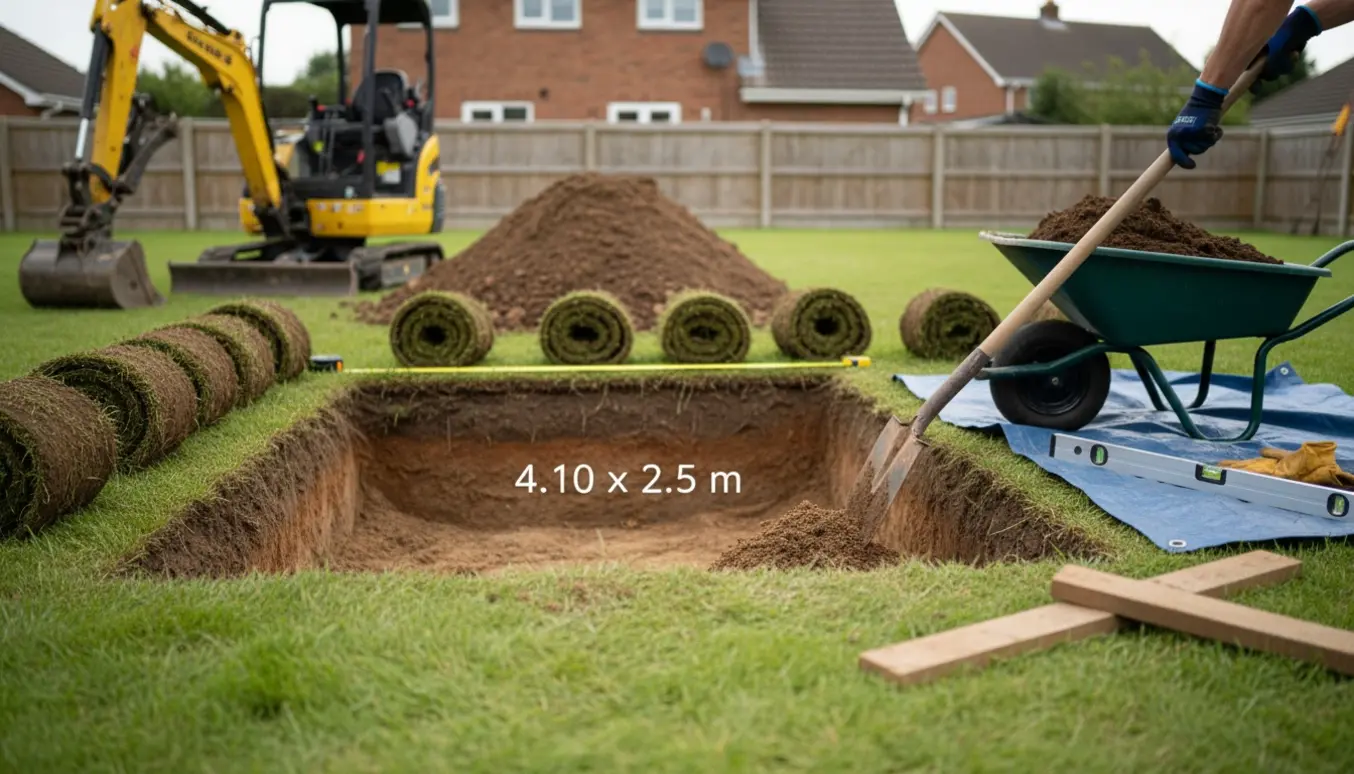 Rektangulært hul i haven klar til nedgravet trampolin med trillebør, skovl og jordbunker.