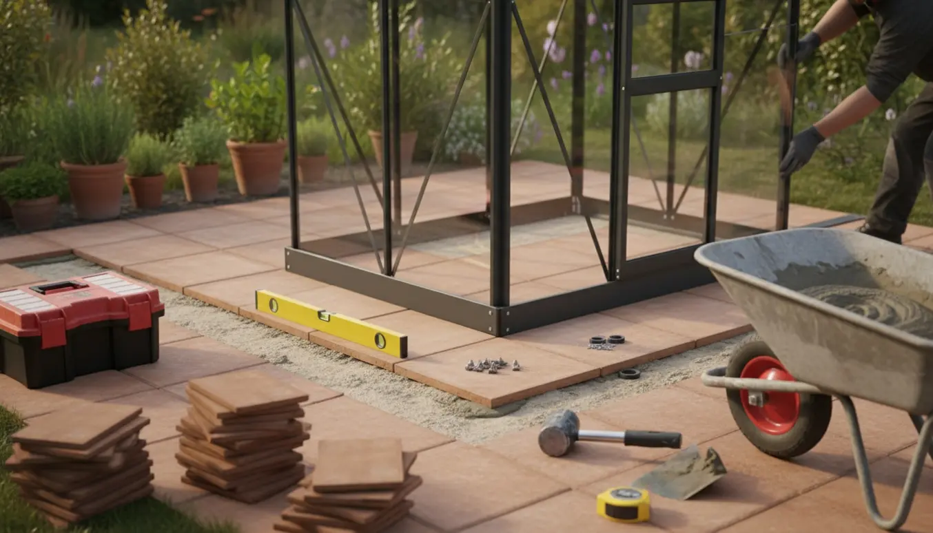 Delvist opbygget drivhus på ca. 9 m² med nylagt teglgulv og værktøj i en solbeskinnet have.