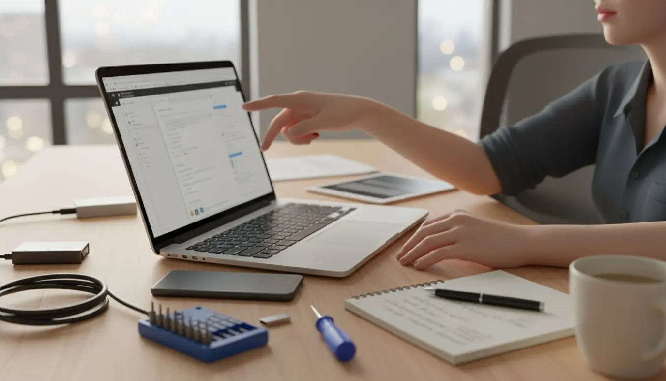 To personer fejlfinder en bærbar computer med slørede e-mailvinduer på skærmen, omgivet af smartphone, USB-drev og notesblok.