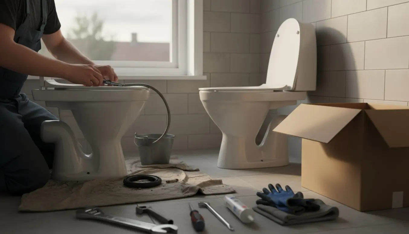 Håndværker uden synligt ansigt udskifter et gammelt toilet i en lejligheds-badeværelse med nyt toilet og værktøj.