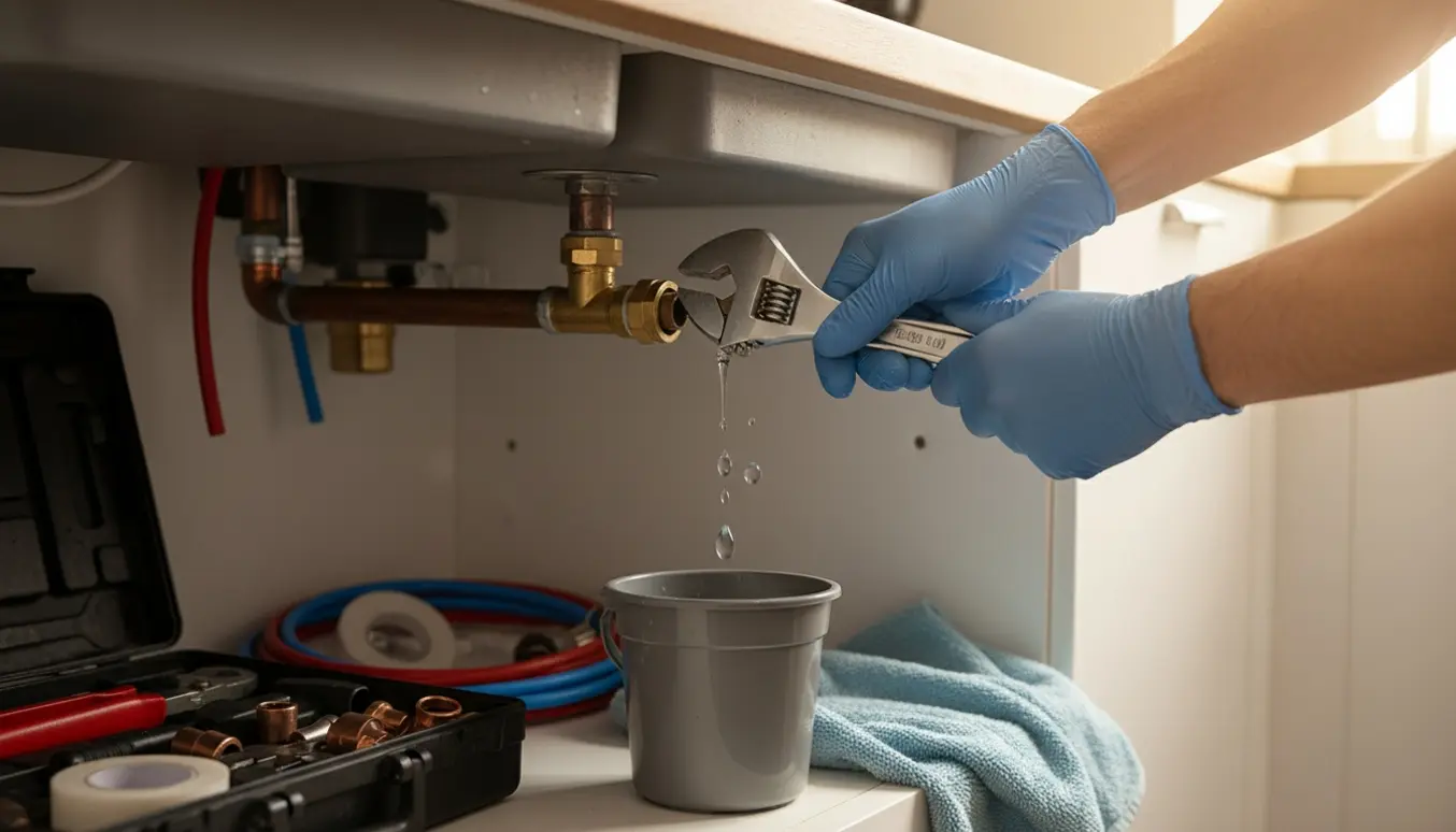 VVS'er udskifter et lille utæt vandrør under en vask med værktøj og dryppende rør i fokus.