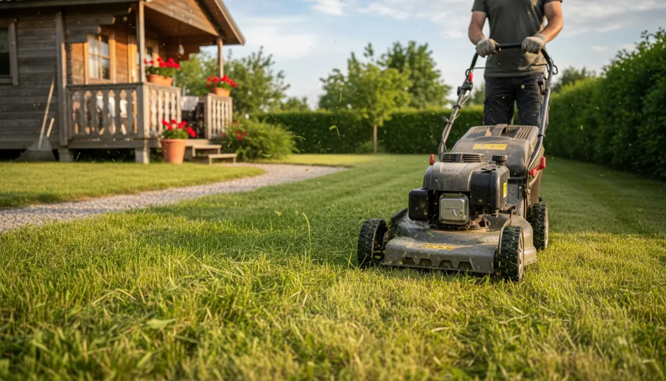 Plæneklipper trimmer højt forårgræs foran et charmerende sommerhus i blødt eftermiddagslys.