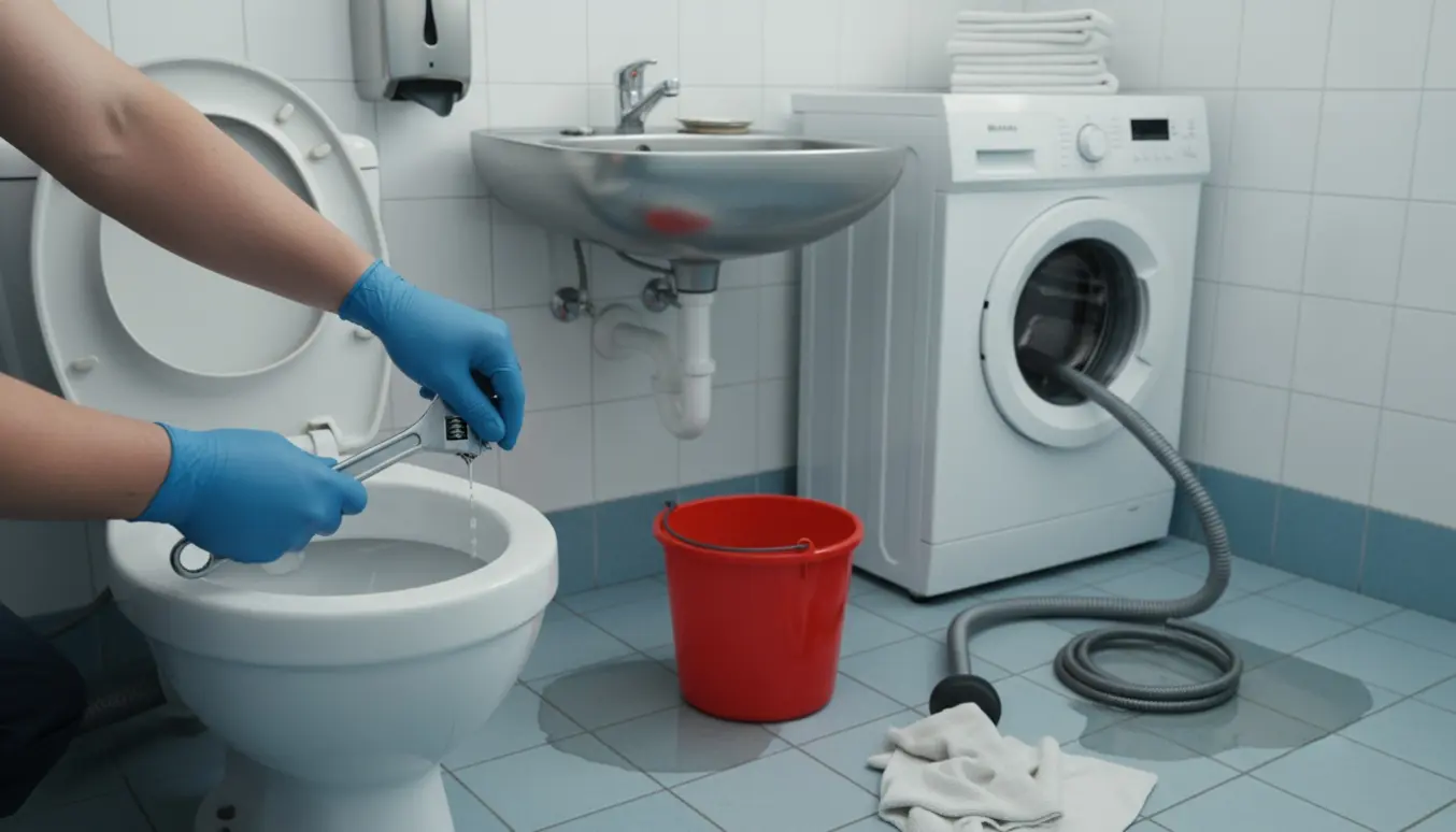 VVS-tekniker inspicerer toiletets cisterne, et tilstoppet håndvaskafløb og en lækkende vaskemaskine i et klinikbadeværelse.