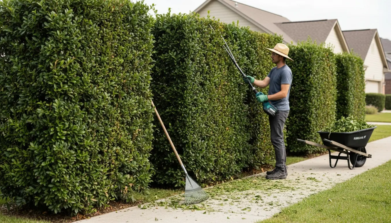 Bagfra trimmer en haveejer en ligusterhæk langs fortovet, med afklip samlet i en trillebør.