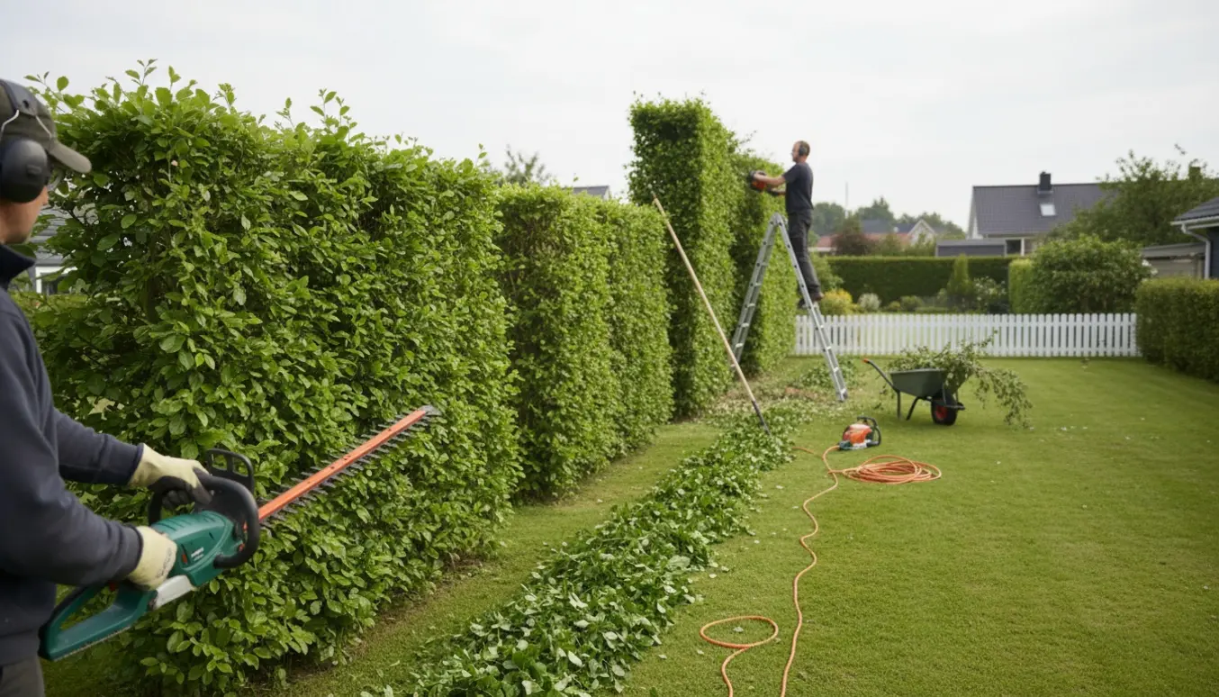 Hækkeklippere trimmer en lang bøgehæk med hækkeklipper og motorsav, mens klippeaffald samler sig ved foden.