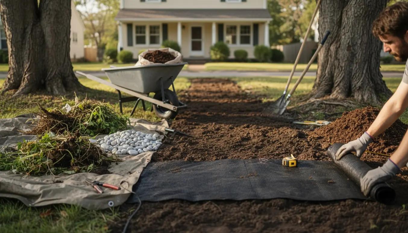 Hænder ruller ukrudtsdug ud i et nyrenset, langt smalt bed foran et hus ved to store træer.