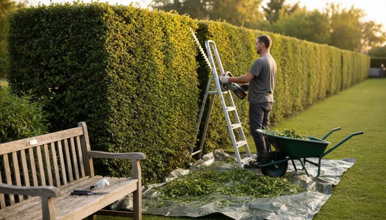 En havearbejder trimmer toppen og den ene side af en lang hæk med hækkeklipper og trillebør med afklip.