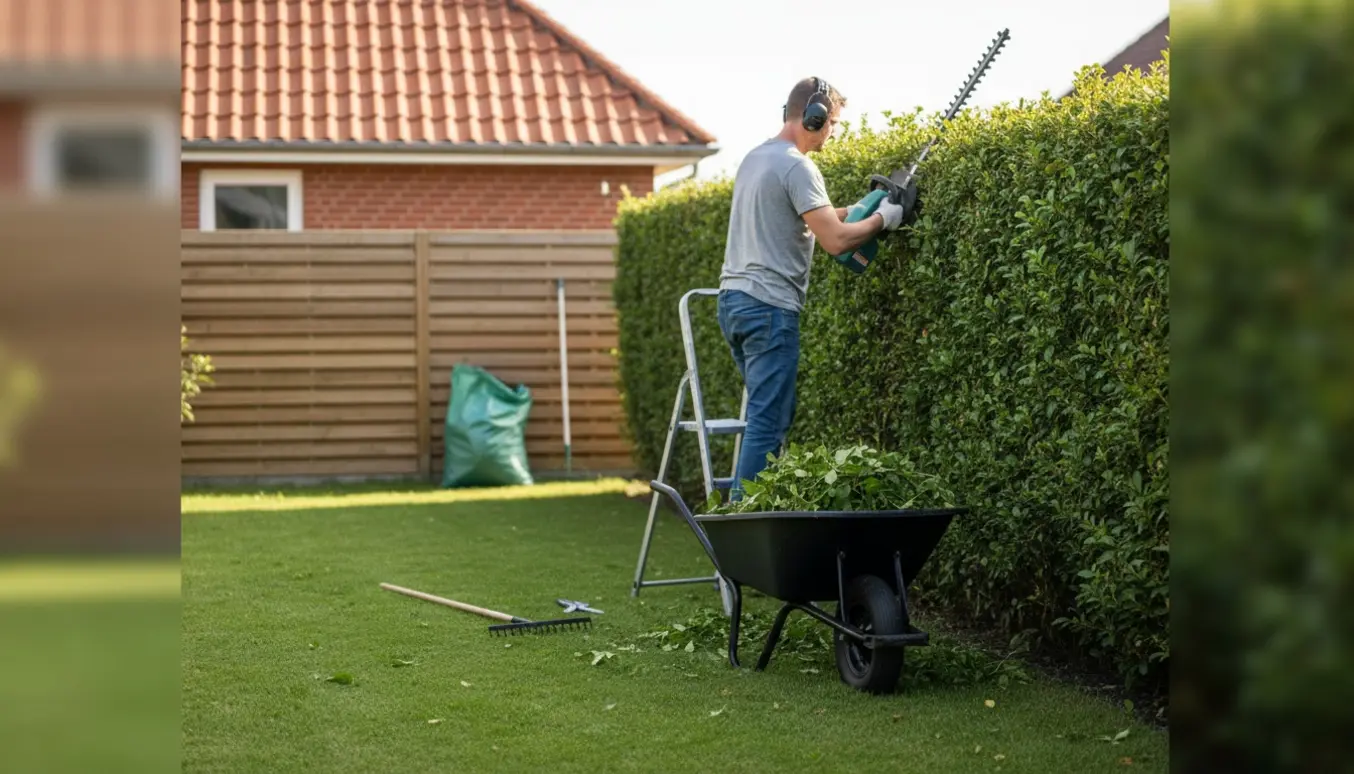 En person klipper en tæt hæk med el-hækkeklipper i en velholdt villahave, afklip samlet i en trillebør.