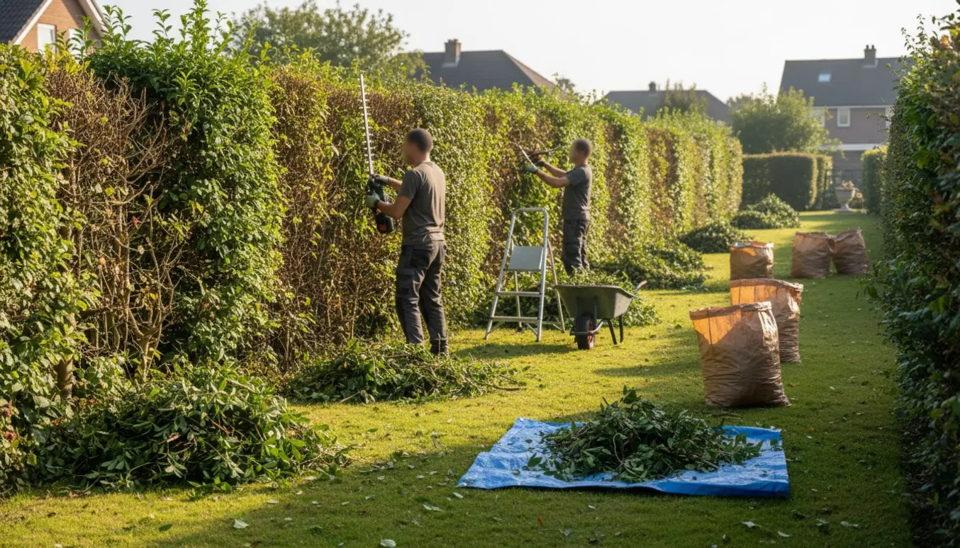 To personer trimmer en blandet ligusterhæk og samler afklip i trillebør og affaldssække.