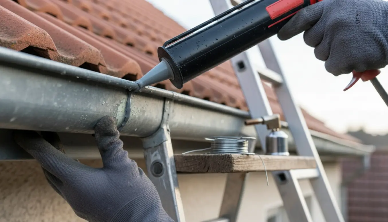 Nærbillede af zinktagrende, hvor hænder tætner samling med fugepistol fra en stige.