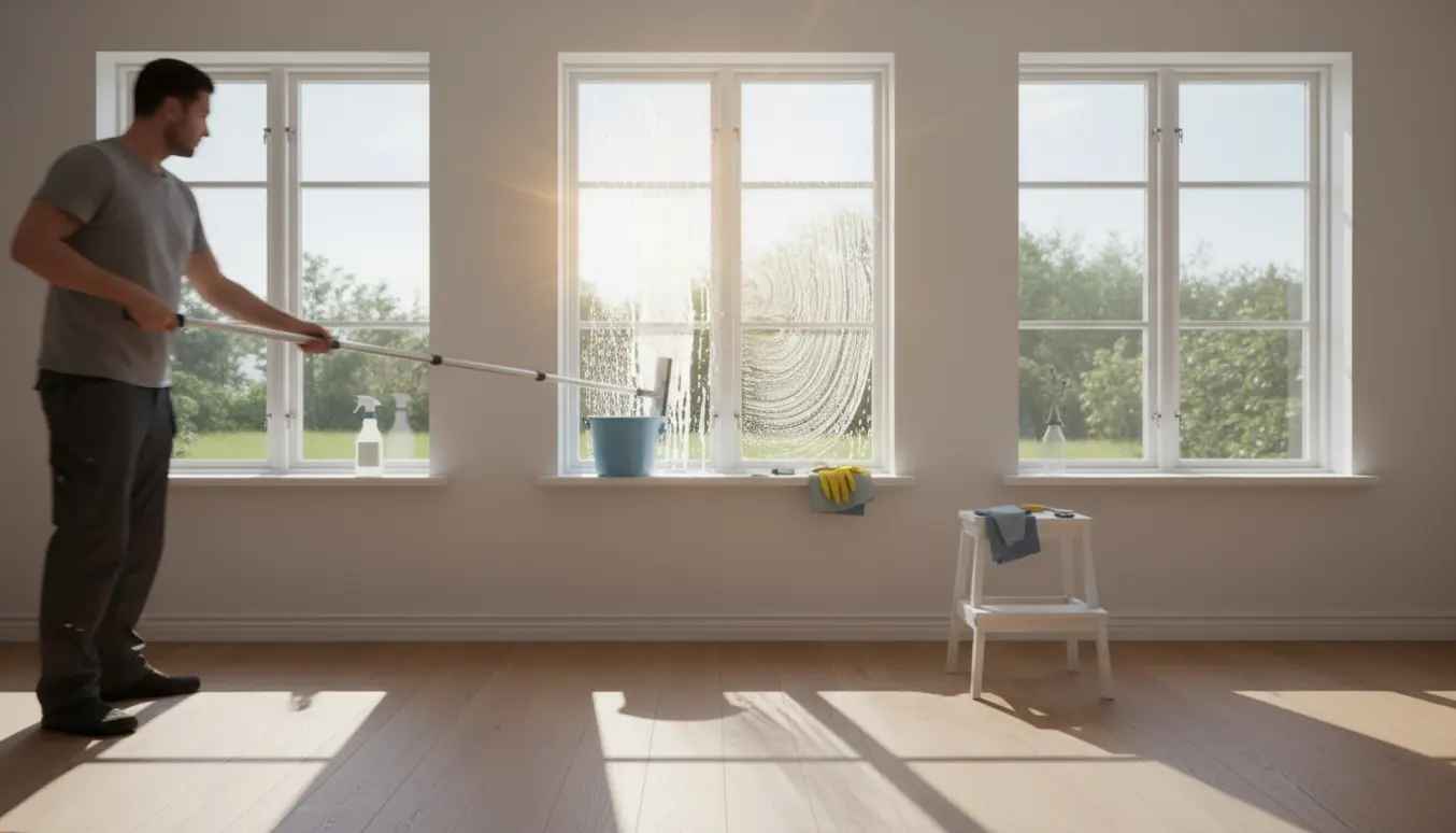 Person pudser en række vinduer indefra med en lang vinduesskraber, hvor halvdelen af glasset er renset og halvdelen stadig sæbevådt.