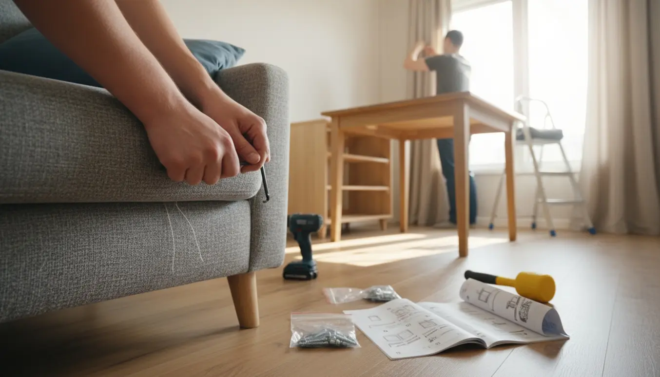 Hænder samler fladtpakkede møbler i en lys stue med sofa, spisebord, kommode og gardiner.