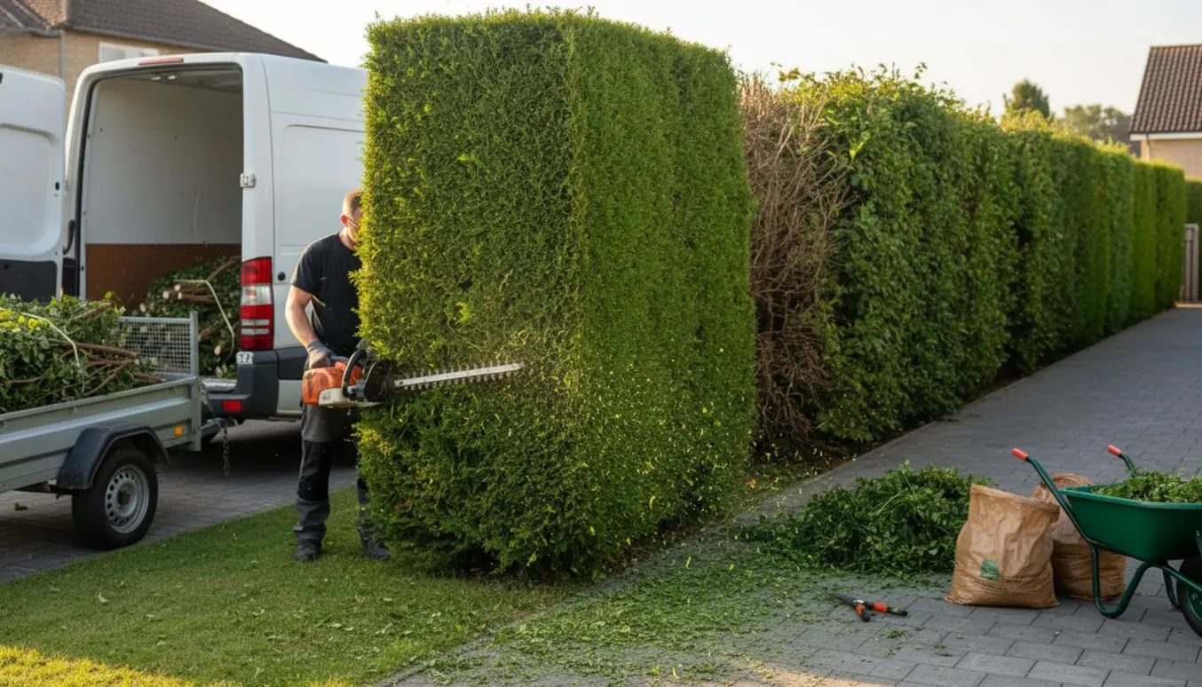 En person klipper en 2 meter høj hæk ved indkørslen med trimmer og varevogn klar til bortkørsel.