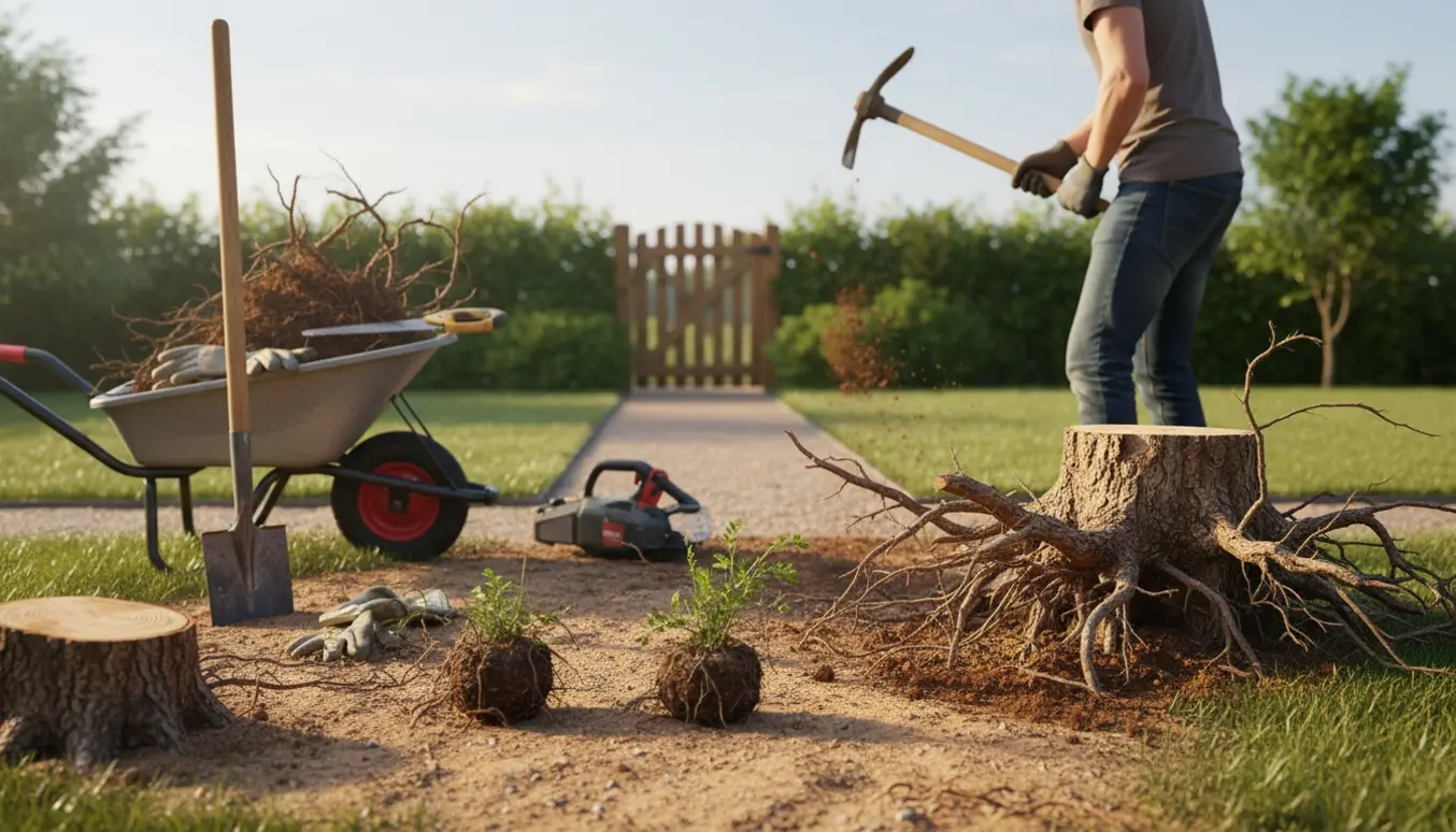 Opgravede rødder og træstubbe i en baghave med værktøj og åben låge.