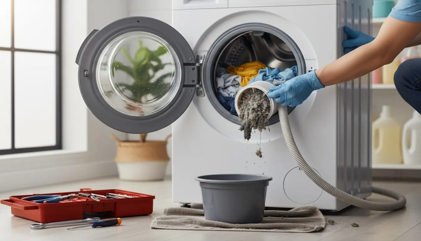 Tekniker trækker et tilstoppet afløbsfilter ud af en frontbetjent Samsung-vaskemaskine og tømmer vand i en spand i et lyst bryggers.
