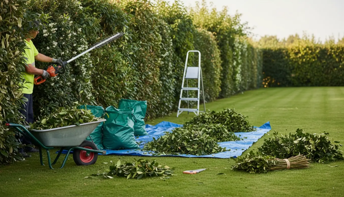 En håndværker trimmer en lang blandet hæk med en hækkeklipper, mens afklip samles i trillebør og på en presenning.