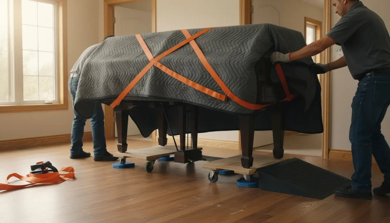 Et tungt klaver indpakket i flyttetæpper føres forsigtigt over et dørtrin mellem to rum.