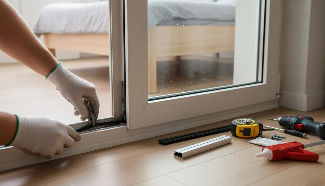 Hænder udskifter bundlisten på en indadgående aluminium/glasdør til fransk altan med værktøj på gulvet.