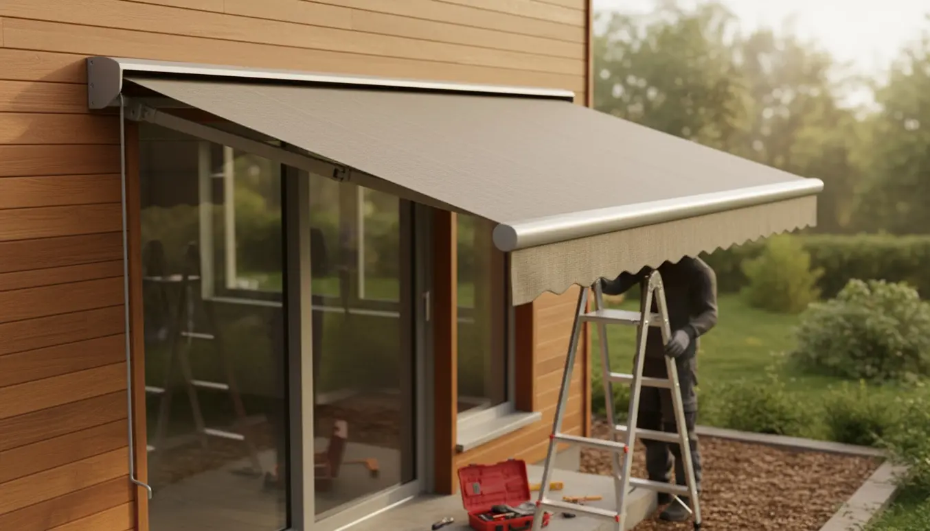 Manuel markise monteret over skydedør på en træfacade med synlig håndsving og værktøj i forgrunden.