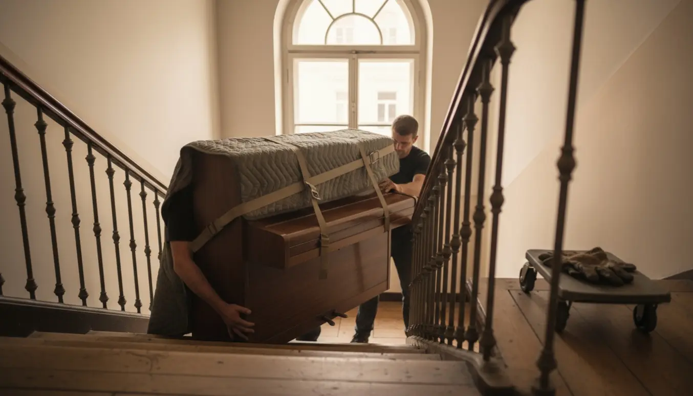 To flyttesituationen: et lille lavt klaver bæres op ad en smal trappe, dækket af flyttetæpper og sikret med stropper.