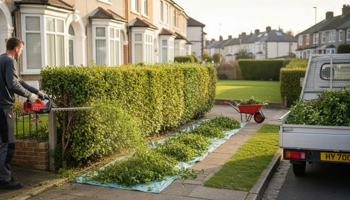Hæk bliver klippet på en hjørnegrund, med opsamlet affald i trailer klar til bortkørsel.