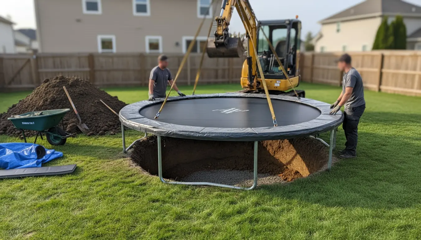 En nedgravet trampolin sænkes på plads i en baghave med minigraver, jord og håndværktøj.