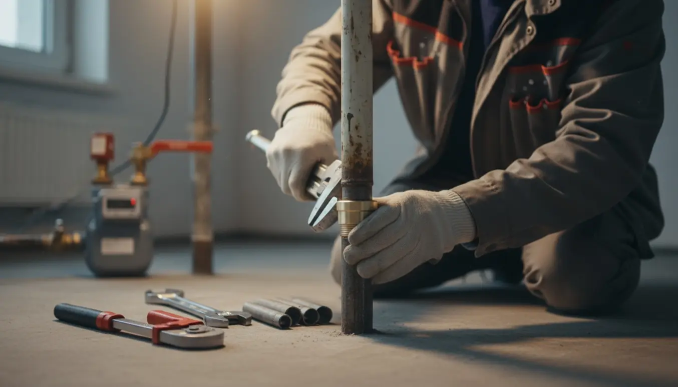 Tekniker afpropper et lodret gasrør i et kælderrum med afskårne rør på gulvet.