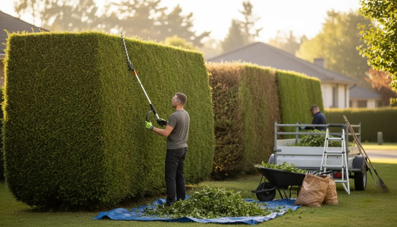 Gartnere trimmer en lang hæk med friske afklip og udstyr til bortskaffelse.