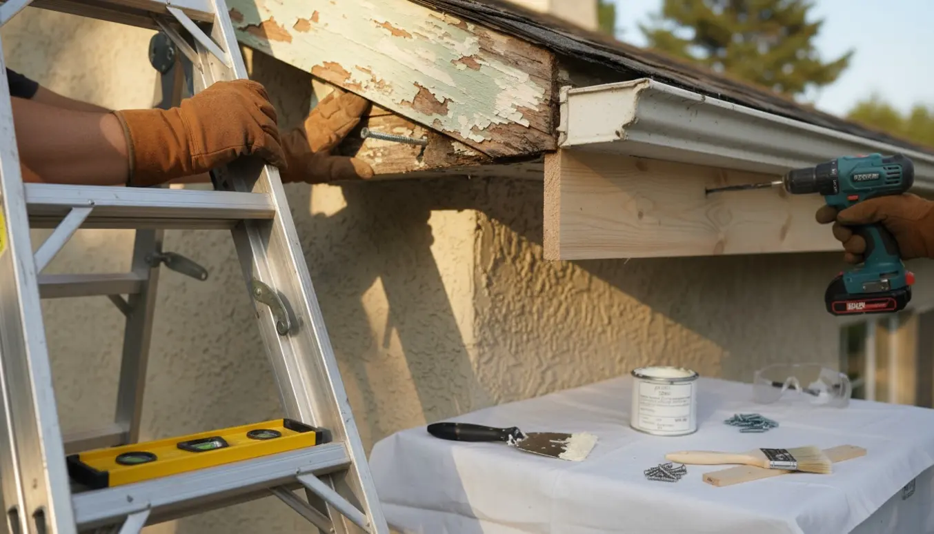 Reparation af et træudhæng med stige, udskiftningsbrædder og en boremaskine i blødt eftermiddagslys.