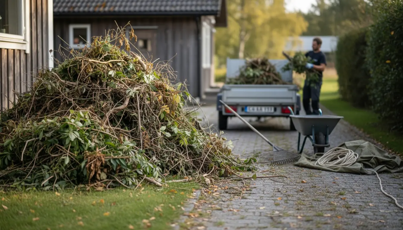 Stor stak haveaffald ved sommerhus og trailer klar til afhentning, med håndske-klædte hænder der læsser grene.