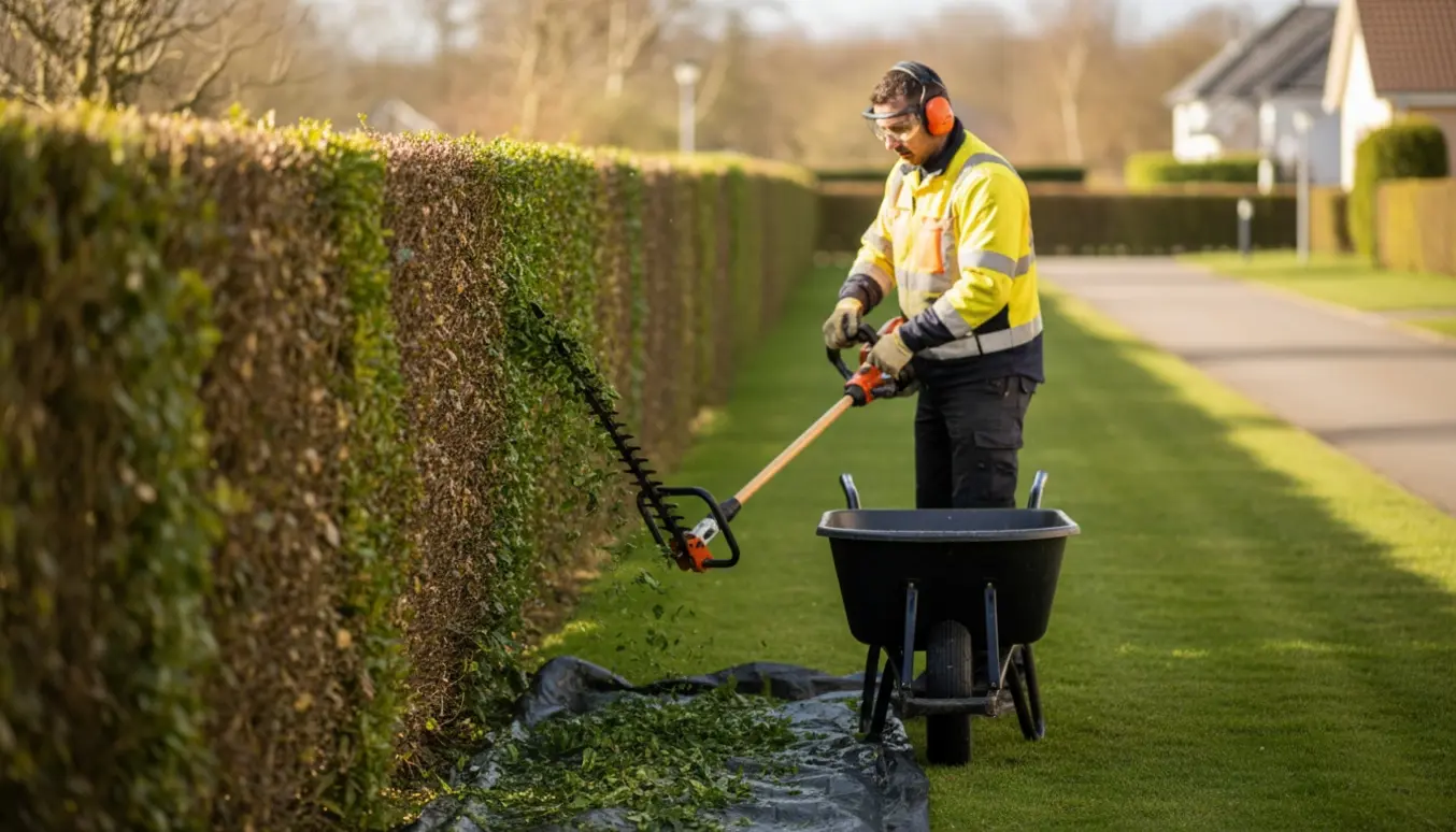En professionel topper en lang hæk med en kraftig motorklipper, mens friske afklip ligger samlet på en presenning.
